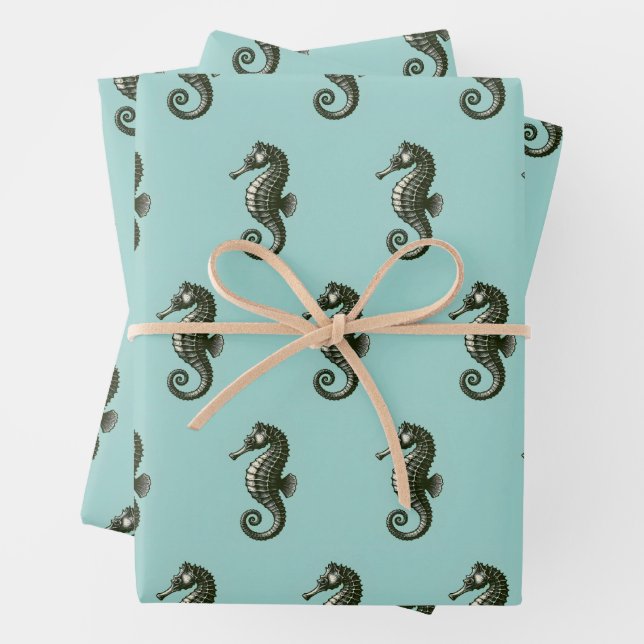 Feuille De Papier Cadeau Cheval de mer en bleu (En situation)