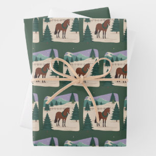 Feuille De Papier Cadeau Cheval de Noël vintage 90s Style Rétro Arbre de No