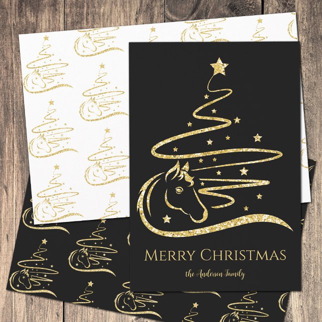 Feuille De Papier Cadeau Cheval sapin de Noël parties scintillant d'or éque (3 styles of gold glitter horse Christmas tree papers, one of them is personalized with your own text)