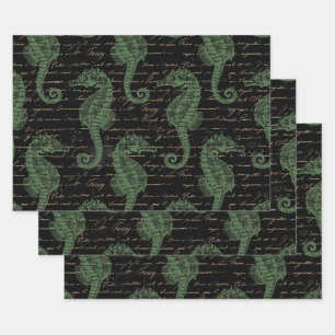 Feuille De Papier Cadeau Cheval vert clair sur Noir