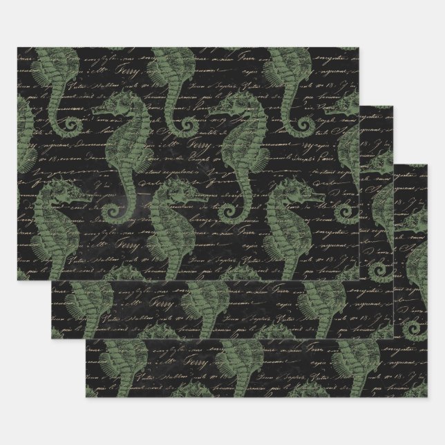 Feuille De Papier Cadeau Cheval vert clair sur Noir (Lot)