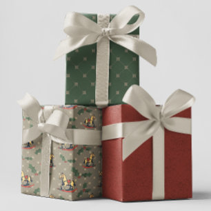 Feuille De Papier Cadeau Cheval Vintage gris Rocse Holly Noël