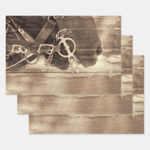Feuille De Papier Cadeau Cheval Vintage Sepia Ouest Rustique Bois Découpage