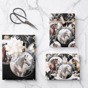 Feuille De Papier Cadeau Chevaux noir et or Citation de Noël