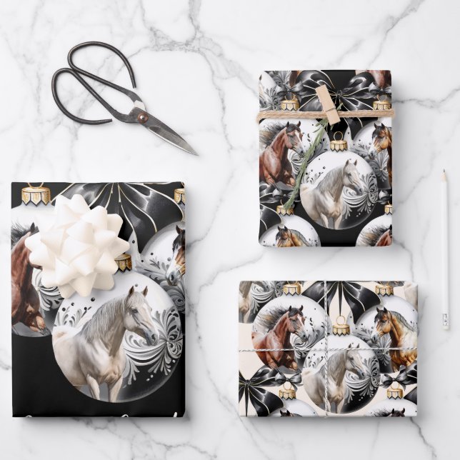 Feuille De Papier Cadeau Chevaux noir et or Citation de Noël (Recto)