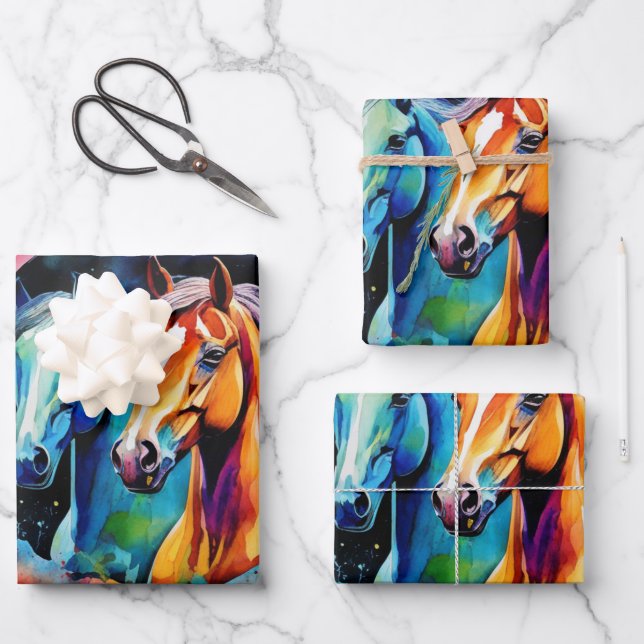 Feuille De Papier Cadeau Chevaux sauvages courant dans le désert de l'aquar (Recto)