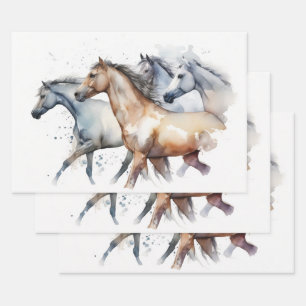 Feuille De Papier Cadeau Chevaux Traversant Watercolor River