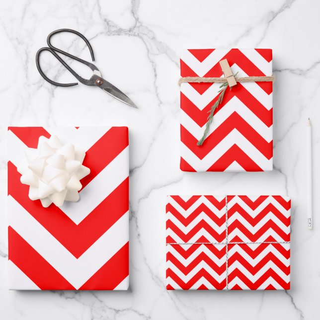 Feuille De Papier Cadeau Chevron de tailles différentes rouge et blanc (Recto)