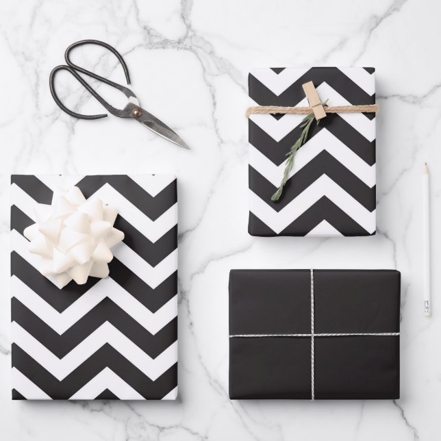 Feuille De Papier Cadeau Chevron Épais Noir & Blanc Mariage Nouvel An (Recto)