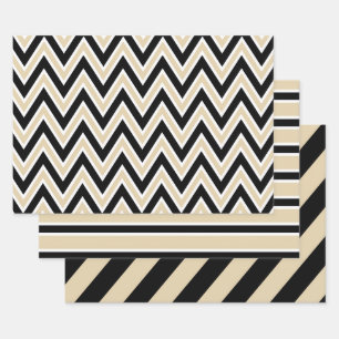 Feuille De Papier Cadeau Chevron et rayure audacieuse noir, beige et blanc