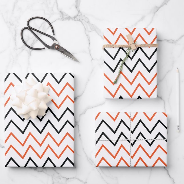 Feuille De Papier Cadeau Chevron Zigzag Orange Noir (Recto)