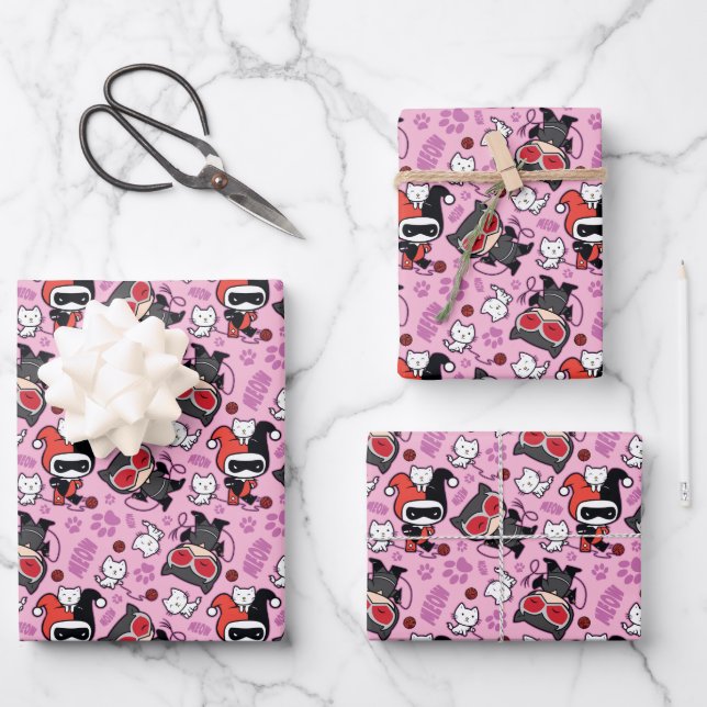 Feuille De Papier Cadeau Chibi Catwoman, Harley Quinn & Kittens Motif (Recto)