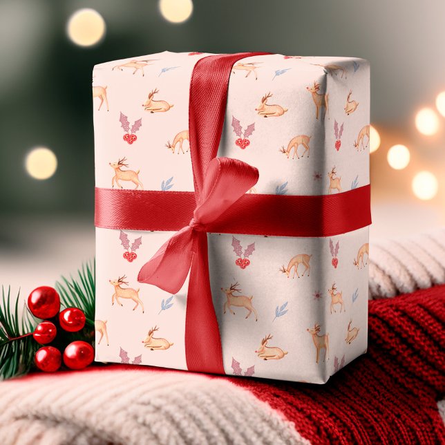 Feuille De Papier Cadeau Chic Aquarelle Reindeer Festif Holly Fa La La (Chic Watercolor Reindeer Festive Holly Fa La La Wrapping Paper Sheets)