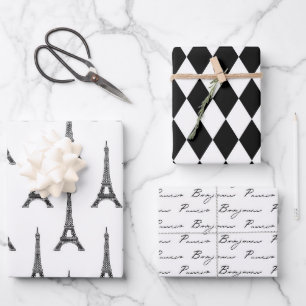 Feuille De Papier Cadeau Chic Black and White Bonjour