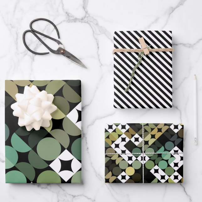 Feuille De Papier Cadeau Chic Black Green Turquoise Blue Circles Motif d'ar (Recto)