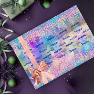 Feuille De Papier Cadeau Chic bleu aqua licorne goutte parties scintillant