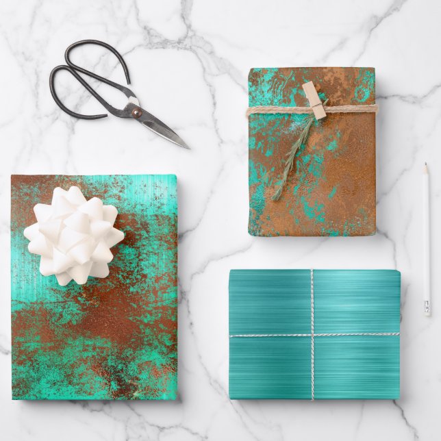 Feuille De Papier Cadeau Chic Boho en cuivre Turquoise (Recto)