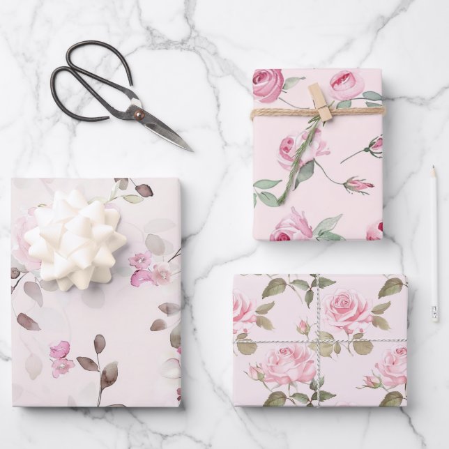 Feuille De Papier Cadeau Chic Fleurs Roses Roses Romantiques   (Recto)