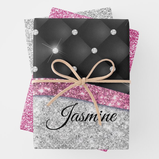 Feuille De Papier Cadeau Chic girly faux parties scintillant argent noir ro (En situation)