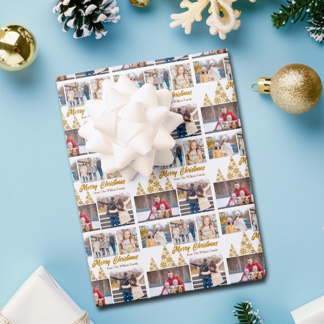 Feuille De Papier Cadeau Chic Gold Christmas Tree Family Photo Collage (Créateur téléchargé)