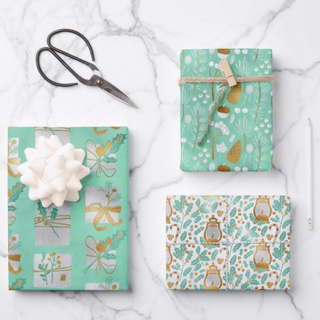 Feuille De Papier Cadeau Chic Gold Floral, Presents & Holly (Recto)