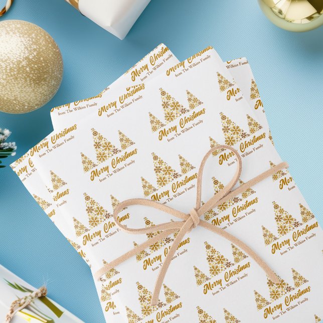 Feuille De Papier Cadeau Chic Gold Snowflakes Merry Christmas Tree Custom (Créateur téléchargé)