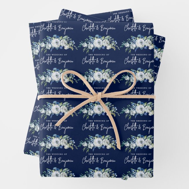 Feuille De Papier Cadeau Chic Marine Bleu Peony Blanc Floral Personnalisé M (En situation)