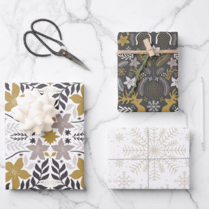 Feuille De Papier Cadeau Chic Noël Floral Deer Flocon de neige Fête noire