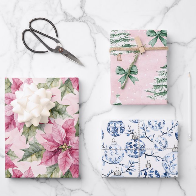 Feuille De Papier Cadeau Chic Noël rose Poinsettia Floral (Recto)