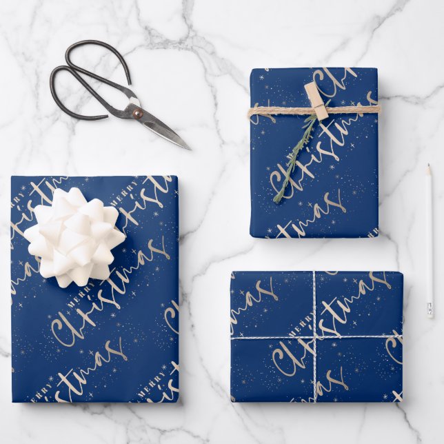 Feuille De Papier Cadeau Chic Or Joyeux Noël sur Fond Bleu (Recto)