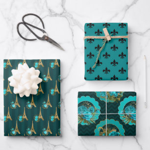 Feuille De Papier Cadeau Chic Paris Turquoise, noir et or