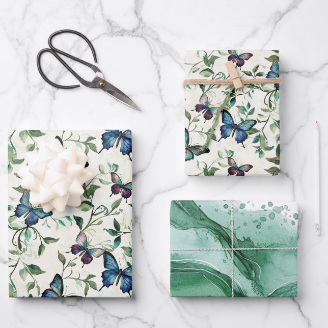 Feuille De Papier Cadeau Chic Romantique Papillons Bleus Baby Shower (Recto)