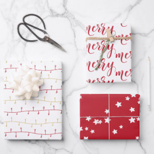 Feuille De Papier Cadeau Chic Rouge et or Joyeux Noël Lumières et étoiles