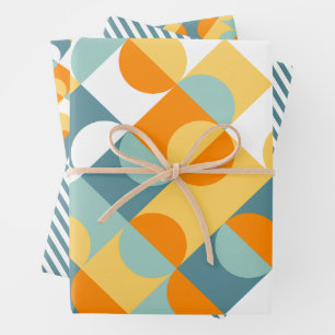 Feuille De Papier Cadeau Chic Sunny Orange Turquoise Cercles Bleus Motif d'