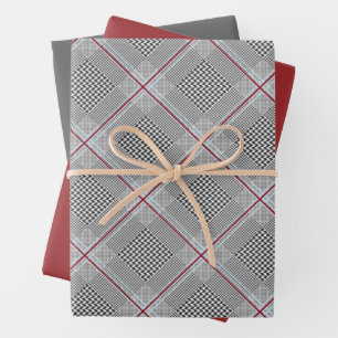 Feuille De Papier Cadeau Chic Tartan Bourgogne, noir et blanc