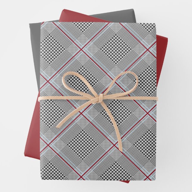 Feuille De Papier Cadeau Chic Tartan Bourgogne, noir et blanc (En situation)