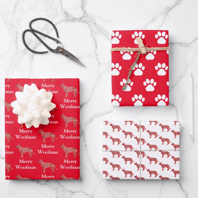 Feuille De Papier Cadeau Chien berger allemand Silhouette Red Merry Woofmas (Recto)