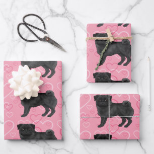 Feuille De Papier Cadeau Chien Carlin Noir Dessin Animé Tasse Éponges Motif
