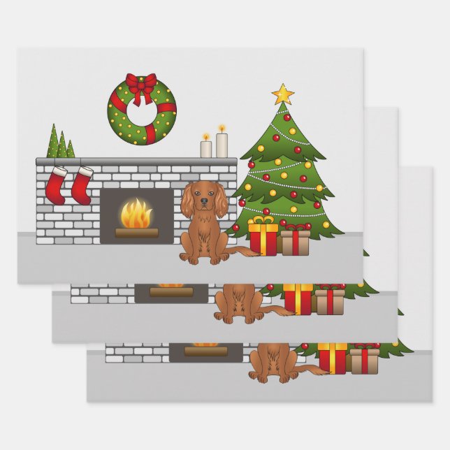 Feuille De Papier Cadeau Chien Cavalier Ruby Dans Une Salle De Noël Festive (Lot)