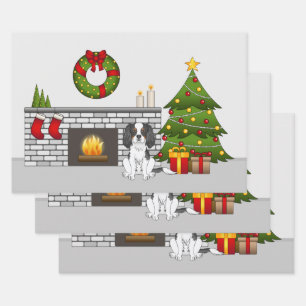 Feuille De Papier Cadeau Chien Cavalier Tricolore Dans Une Salle de Noël Fe