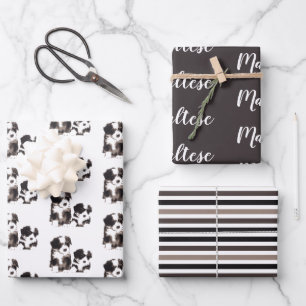 Feuille De Papier Cadeau Chien chiot maltais noir et blanc