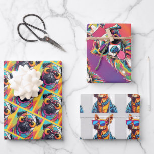 Feuille De Papier Cadeau Chien coloré drôle avec lunettes de soleil néon
