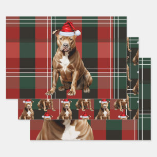 Feuille De Papier Cadeau Chien de Noël Brown Pit Red Green Plaid