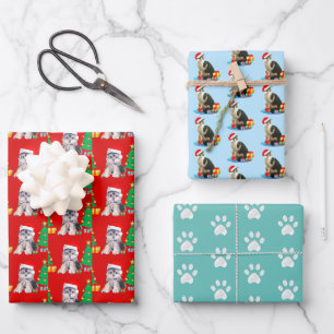 Feuille De Papier Cadeau Chien de Noël, chat de carol et pattes