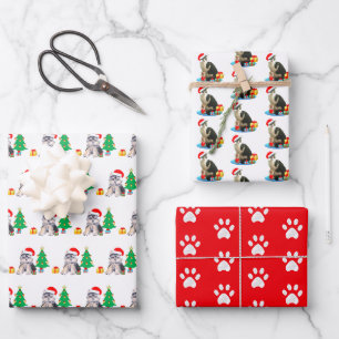 Feuille De Papier Cadeau Chien de Noël, chat de noël & pattes sur fond roug