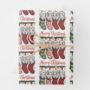 Feuille De Papier Cadeau Chien de Noël Chiots mignons dans des chaussettes 