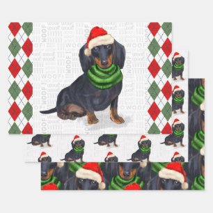 Feuille De Papier Cadeau Chien de Noël Dachshund et Plaid