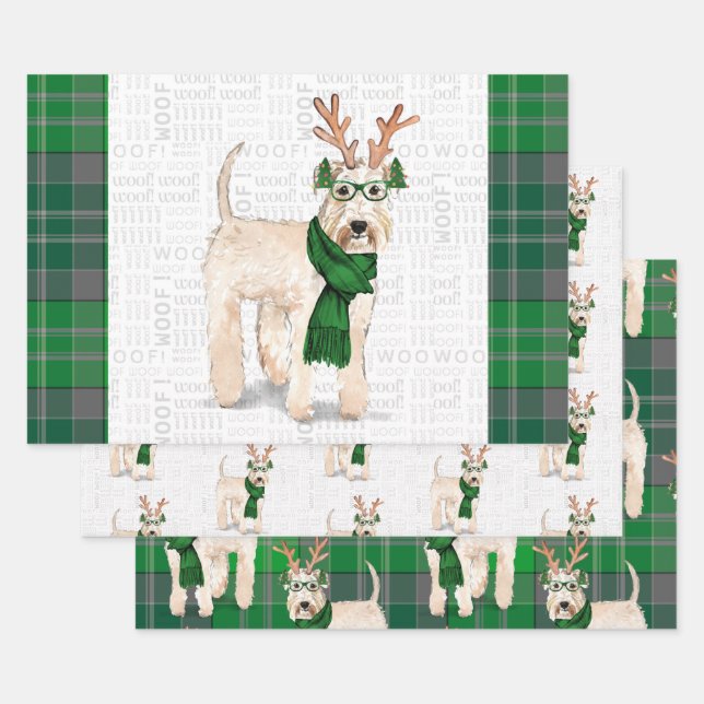 Feuille De Papier Cadeau Chien de Noël de Terrier roux et Plaid vert (Lot)