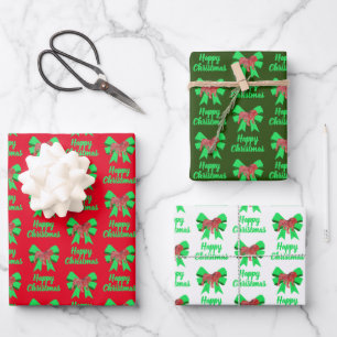 Feuille De Papier Cadeau Chien de Noël et Chien de Noël anglais et Bow vert
