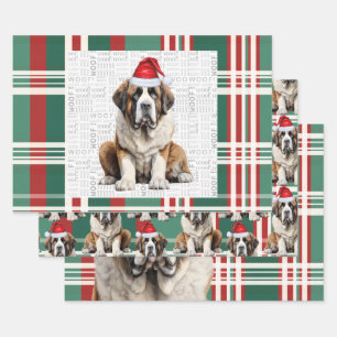 Feuille De Papier Cadeau Chien de Noël Saint Bernard Carreaux Rouges et Ver